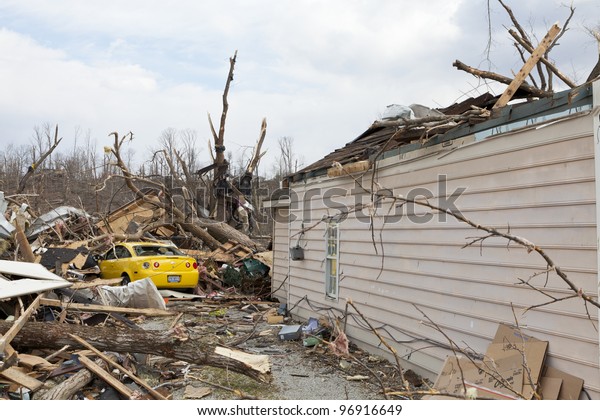 Henryville, IN - March 4, 2012: Aftermath of\
category 4 tornado that touched down in town on March 2, 2012 in\
Henryville, IN. 12 deaths and massive loss of property were\
reported in Indiana