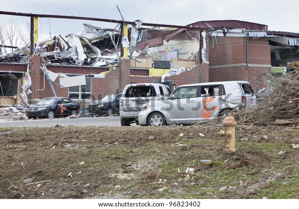 HENRYVILLE, IN -\
MARCH 4: Aftermath of category 4 tornado that touched down in town\
on March 2, 2012 in Henryville, IN. 12 deaths and massive loss of\
property were reported in\
Indiana