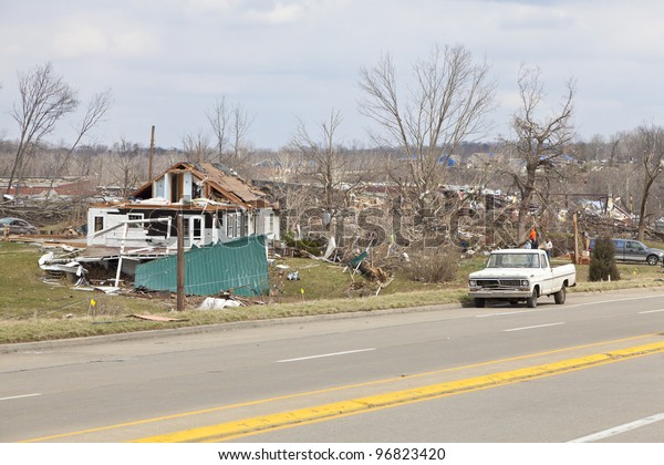 HENRYVILLE, IN -\
MARCH 4: Aftermath of category 4 tornado that touched down in town\
on March 2, 2012 in Henryville, IN. 12 deaths and massive loss of\
property were reported in\
Indiana