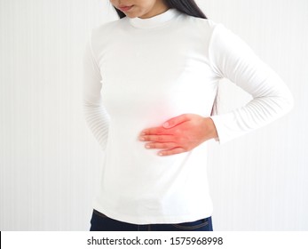 Hepatosplenomegaly Or Hsm And Ruptured Spleen In Woman ,She Touching On Chest And Symptoms Of Pain And Suffering In The Upper Right Portion Of Abdomen And Above Stomach And Use For Health Care Concept