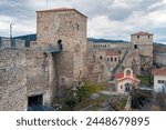 The Heptapyrgion or Yedikule (Seven Towers), a former fortress, later a prison and now a museum in Thessaloniki, Greece. Panoramic view of the walls and the church of the prison.