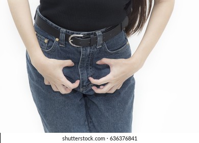 Her female genital itching caused by the purchase of the stinky clothes, woman are scratching the vagina, itching crotch, body problem concept, isolated on white background