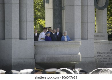 Her Majesty Queen Elizabeth II, Prince Philip The Duke Of Edinburgh, Former President George H.W. Bush And Barbara Bush Overlooking National World War II Memorial, Washington, DC, May 8, 2007