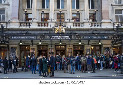 Her Majestys Theatre In London Showing Phantom Of The Opera With People Standing Outside Waiting For The Matinee Performance. London - 30th November 2019