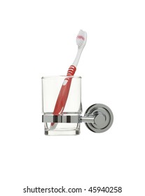 Her Red Toothbrush In Glass Holder