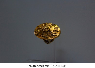 Heraklion, Greece - July, 03, 2021: The so-called Ring of Minos is a masterpiece of Minoan jewellery-making and an artwork of paramount importance for understanding religious iconography, 1450-1400 BC