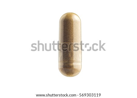 herb capsule with Brown herbal leaf isolated on white background with Di cut paths