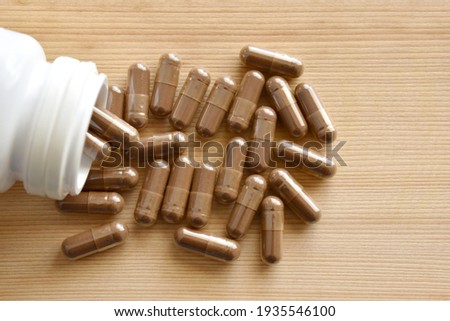 Herb supplement spilling of a plastic bottle. Lingzhi mushroom or Reishi mushroom supplement capsules with copy space on the right side. Traditional Chinese medicine. 