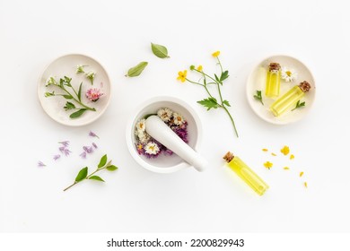 Herbal Apothecary With Wild Flowers And Essential Oil