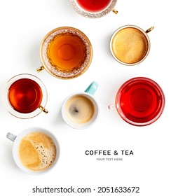 Herbal, Black, Fruit Tea In Teacup And Different Cups Of Coffee Isolated On White Background. Creative Layout And Composition. Flat Lay, Top View