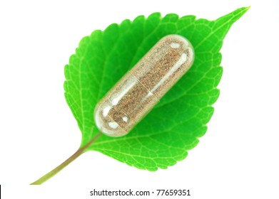 Herbal Capsule On Melissa Leaf