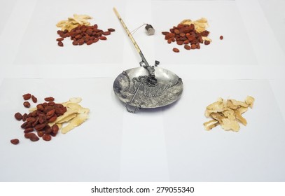 Herbal Chinese Medicine With Traditional Weight Scale