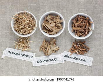 Herbal dried roots of dandelion, burdock and dog-grass from above flat on linen textile, overhead top view, closeup, copy space, alternative medicine and protein herbal vegan food ingredients concept