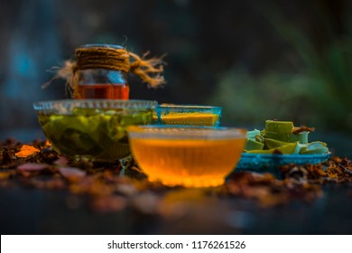 Herbal Face Pack Of Aloe Vera ,turmeric,rose Water, And Honey For Glowing And Radient Skin And For All Skin Types All The Ingredients On Wooden Surface,Close Up View.