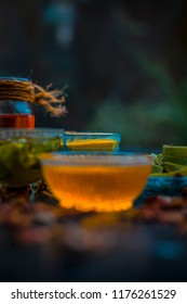 Herbal Face Pack Of Aloe Vera ,turmeric,rose Water, And Honey For Glowing And Radient Skin And For All Skin Types All The Ingredients On Wooden Surface,Close Up View.