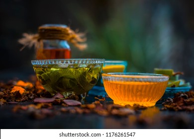 Herbal Face Pack Of Aloe Vera ,turmeric,rose Water, And Honey For Glowing And Radient Skin And For All Skin Types All The Ingredients On Wooden Surface,Close Up View.