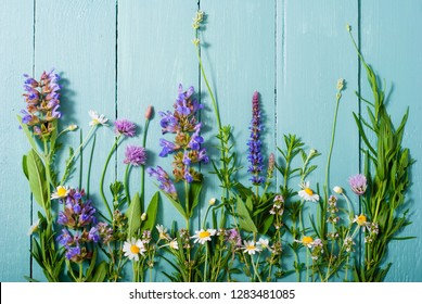 Herbal Flowers On Blue Wooden Table Background