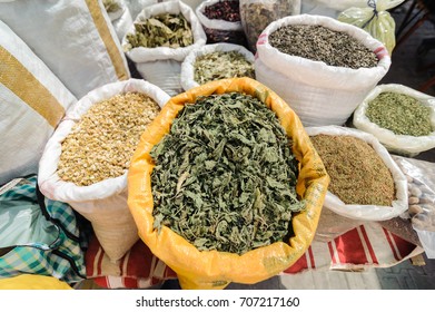 Herbal Health Treatment Cure Plants, Daisy, Linden, Mint, Oregano, Thyme In Sale At Open Air Bazaar, Market.