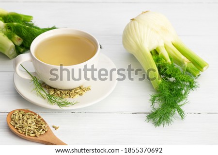 Herbal infusion fennel tea in glass cup or mug with dried fennel seeds and fennel bulbs. Alternative medicine background concept (Foeniculum vulgare)