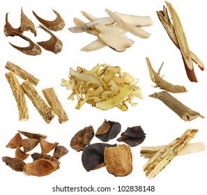 Herbal Medicine : Assortment Of Dried Chinese Herbs Isolated On White Background (White Peony Root, Licorice Root, Dang Shen, Solomon's Seal, Betel Nut, Tangerine Peels, Dong Quai)