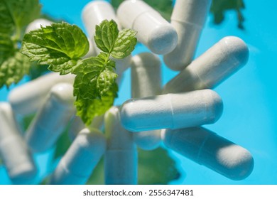 Herbal medicine capsules and fresh mint leaves close-up - Powered by Shutterstock