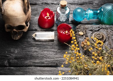 Herbal medicine concept background. Dry natural ingredients, book and remedy bottle on the wooden table background with copy space. - Shutterstock ID 2251084941