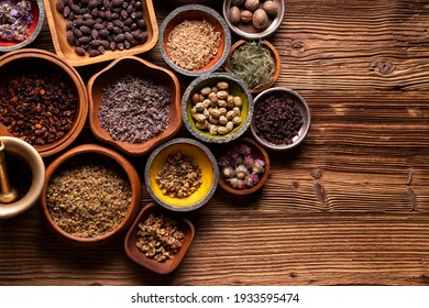 Herbal medicine concept. Production of herbal medicines from natural or processed raw materials obtained from medicinal plants and their use in the prevention and treatment of diseases