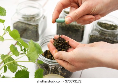 Herbal Medicine .Dried Herbs, Natural Remedies Herbalist Prepares A Mixture Of Composing Health