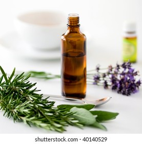 Herbal medicine with herbs and a cup of tea on table. Isolated white background. Studio shot.