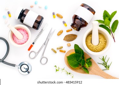 Herbal medicine VS Chemical medicine the alternative healthy care on white background.