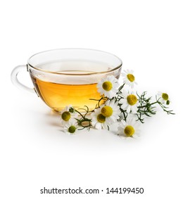 Herbal Tea With Fresh Chamomile Flowers On White Background