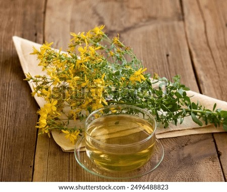 Herbal tea from Hypericum perforatum commonly known as St John's wort. Drink from fresh flowers on the wood table. Traditional herbal medicine.