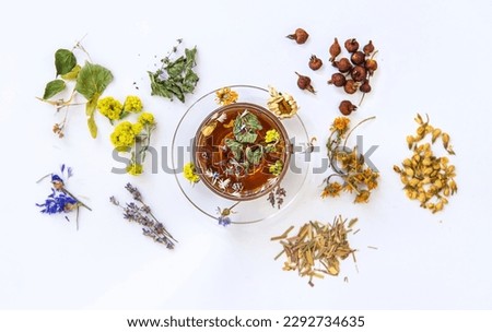 Herbal tea with medicinal herbs and flowers. Selective focus. Drink.