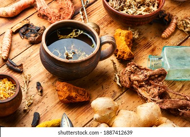 Herbal tea from medicinal herbs.Medicinal plants and roots in herbal medicine.