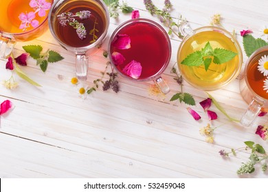 herbal tea on a white wooden background