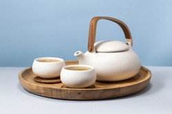 Herbal Tea With Two White Tea Cups And Teapot. Tea Concept