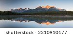 Herbert Lake at sunrise, reflection of the Bow Range, Banff National Park, Canadian Rocky Mountains, Alberta, Canada