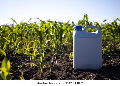 Herbicide Plastic Canister Can In Corn Field, Crop Protection Concept