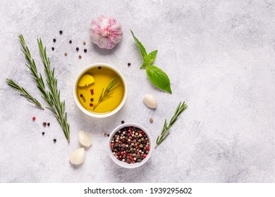 Herbs and condiments on light stone background. Top view with copy space. - Powered by Shutterstock