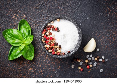 Herbs And Spices. Basil, Salt And Pepper. Top View