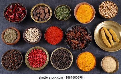 Herbs And Spices In Metal Bowls. Food And Cuisine Ingredients. Colorful Natural Additives.