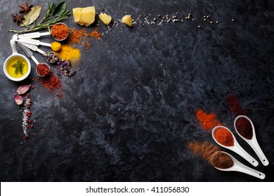 Herbs Spices Over Black Stone Background Stock Photo (Edit Now) 440202406