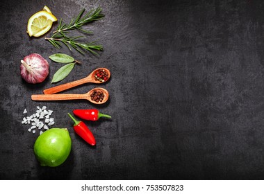 Herbs Spices Over Black Stone Background Stock Photo 753507823 ...