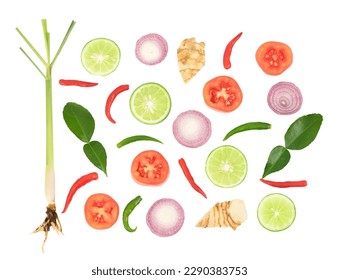 Herbs and vegetables are used to make Tom Yum soup isolated on white with clipping path. 