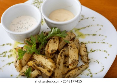 Herb-seasoned roasted potato wedges served with creamy dipping sauces on an elegantly garnished white plate. - Powered by Shutterstock