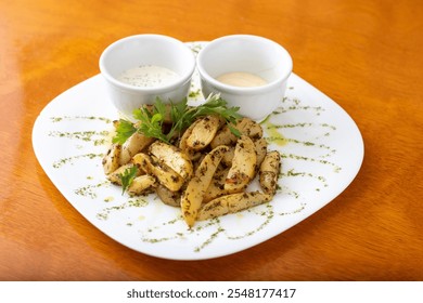 Herb-seasoned roasted potato wedges served with creamy dipping sauces on an elegantly garnished white plate. - Powered by Shutterstock