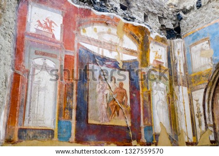 Herculaneum, ancient roman town: Hercules, Juno and Minerva fresco, College of the Augustans. Archeological site, Ercolano Italy