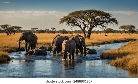 a herd of African elephants bathing in a savannah river. - Powered by Shutterstock