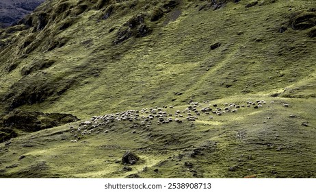 Herd of Sheep Grazing on a Green Hillside in the Peruvian Highlands - Powered by Shutterstock