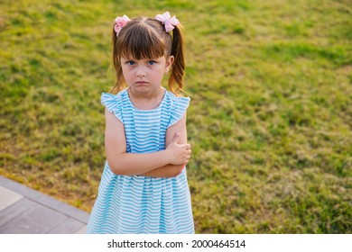 Here Is A Little Girl Standing In A Public Park. The Child Is Offended And Upset. Pampering And Disobedience. Parenting.